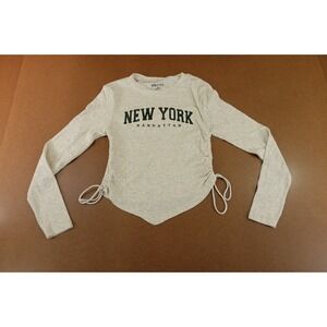 Onfire Juniors Medium Oatmeal Rib Knit Long Sieeve New York Drawstring Tee NWT